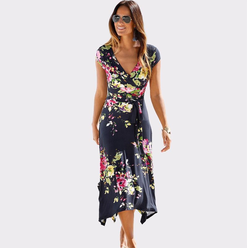 ラスカーナ レディース トップス ワンピース Lascana Women's Handkerchief Hem Dress Navy Printed ネイビー｜ReVida 店