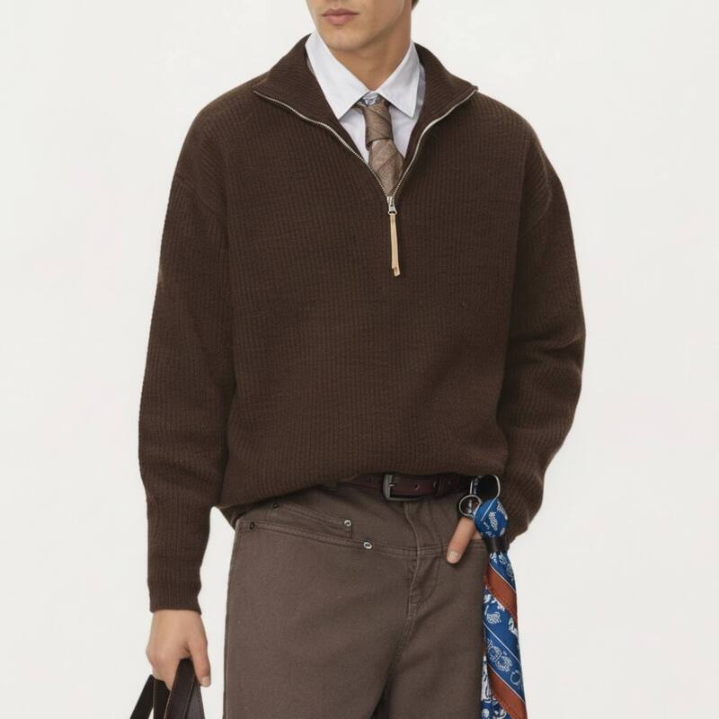 アンナカシ レディース アウター ニット・セーター リラックスフィット ハーフジップ リブ Anna-Kaci Men's Ribbed Half Zip Sweater with Relaxed Fit and Stand Collar Design Brown ブラウン｜ReVida 店 15,525円