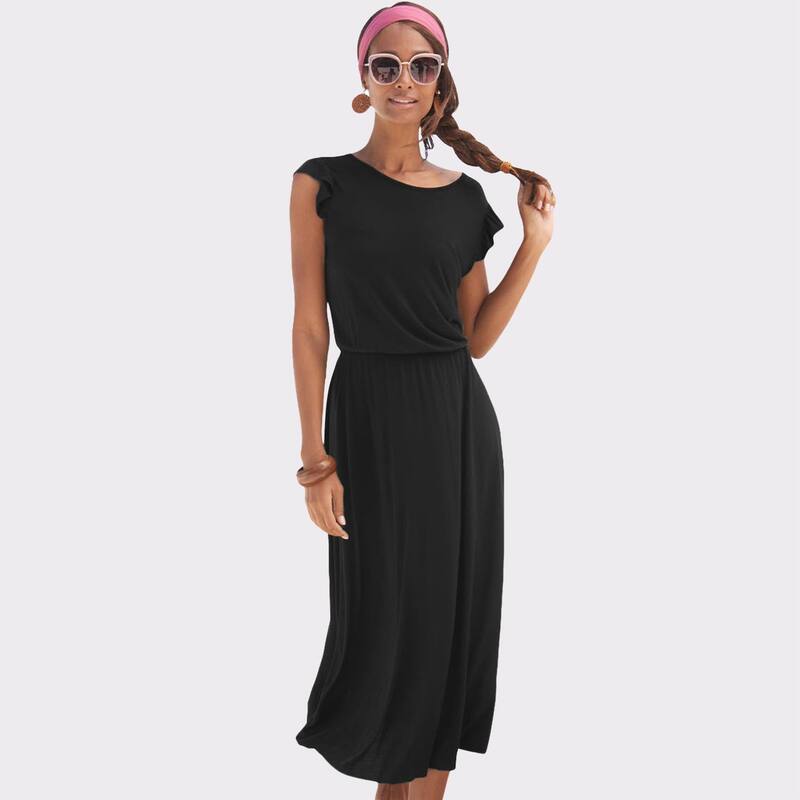 ラスカーナ レディース トップス ワンピース Lascana Women's Flutter Sleeve Dress Black ブラック｜ReVida 店