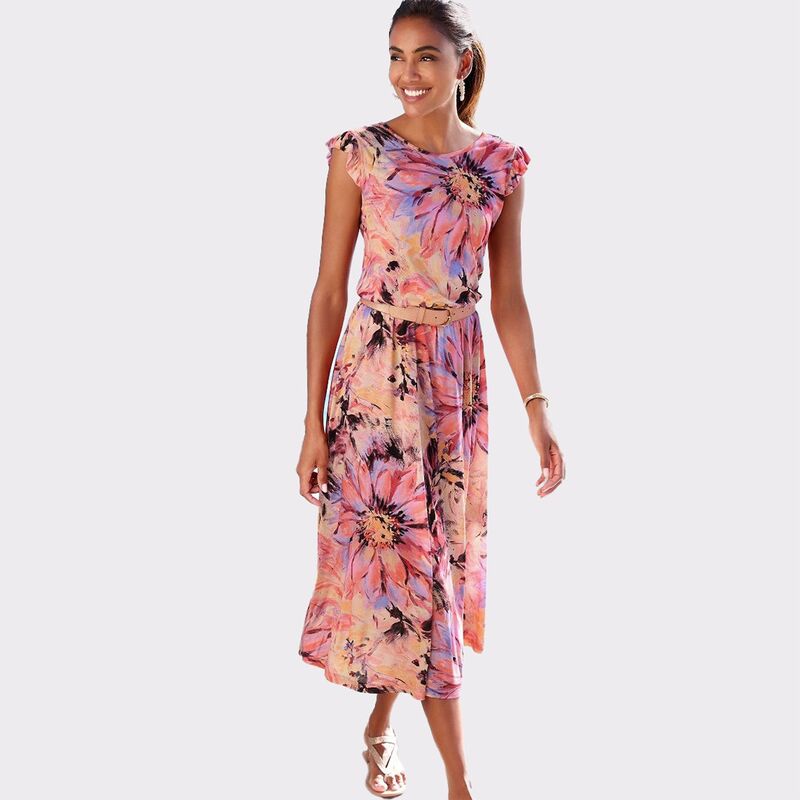 ラスカーナ レディース トップス ワンピース Lascana Women's Flutter Sleeve Dress Pink Printed ピンク｜ReVida 店