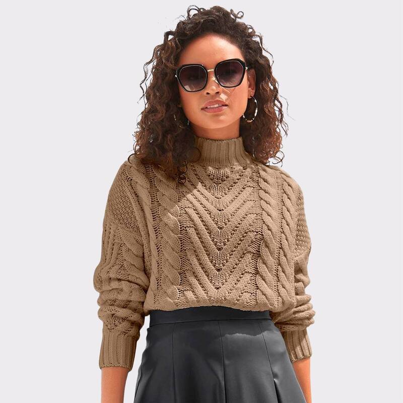 ラスカーナ レディース アウター 編み物・スウェーター モックネック Lascana Women\u0027s Mock Neck Cable Knit Sweater Camel 駱駝
