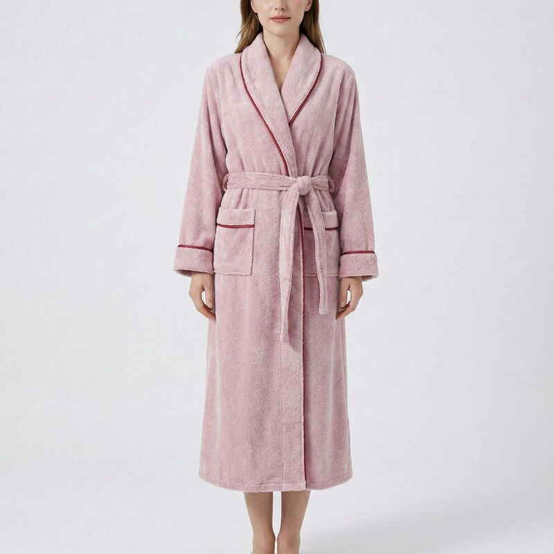 アンナカシ レディース アンダー御召しもの ナイト爵御召しもの つけ加える大きさ 対照 Anna-Kaci Plush Long Sleeve Shawl Collar Bathrobe with Contrastrim and Adjustable Waistie Belt Pink サクラ色