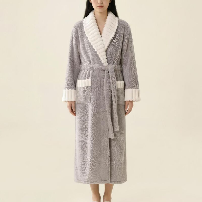 アンナカシ レディース アンダー御召しもの ナイト爵御召しもの つけ加える大きさ 対照 Anna-Kaci Women\u0027s Plush Long Robe with Contrastrim Shawl Collar Tie Waist Belt Fullength Bathrobe Gray 薄墨色