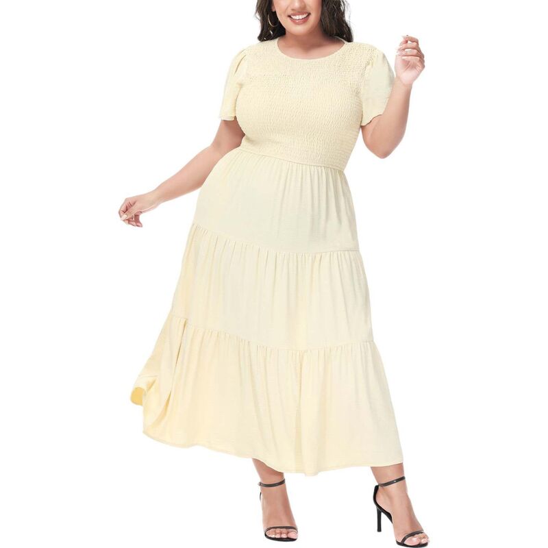 アンナカシ レディース トップス ワンピース ティアード シャーリング マキシ Anna-Kaci Women's Casual Round Neck Flutter Short Sleevelastic Waist Smocked Tiered Maxi Dress Beige ベージュ|ReVida 店