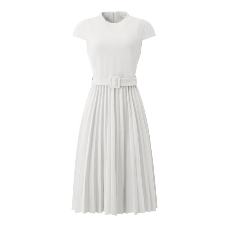 ホンベティ レディース トップス ワンピース モックネック A ライン プリーツ キャップ Hombety Women's Pleatedress Mock Neck Cap Sleeve Belted A-Line Dresses White ホワイト|ReVida 店
