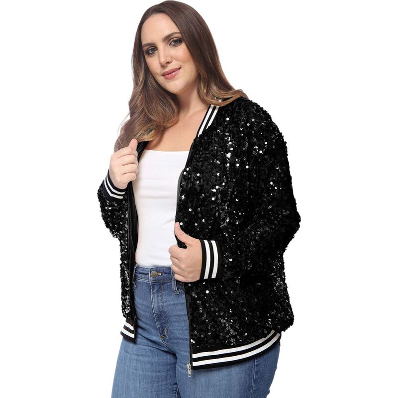 アンナカシ レディース アウター ジャケット・ブルゾン スパンコール Anna-Kaci Women'sequin Party Nightout Bomber Jacket Pure Black ブラック|ReVida 店