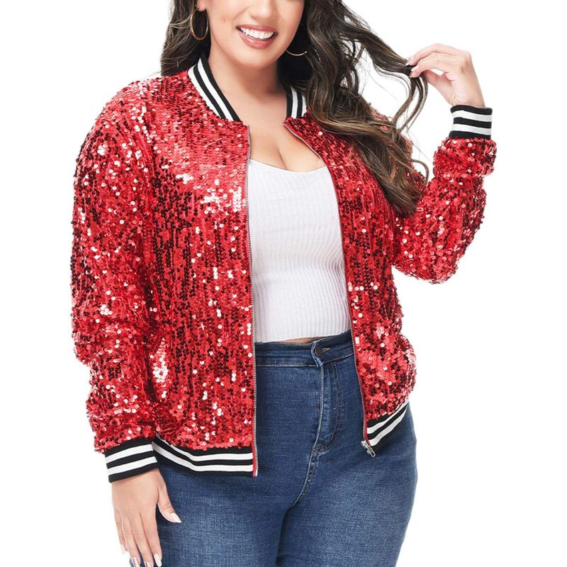 アンナカシ レディース アウター ジャケット・ブルゾン スパンコール Anna-Kaci Women'sequin Party Nightout Bomber Jacket Red Varsity レッド｜ReVida 店