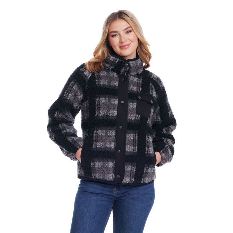 ウェザーキャスト レディース アウター ジャケット・ブルゾン フリース Women's Weathercast Snap Front Bonded Sherpa Fleece Jacket Charcoal Plaid チャコール｜ReVida 店