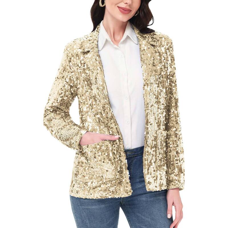 アンナカシ レディース アウター ジャケット・ブルゾン ブレザー Anna-Kaci Women's Glitter Open Front Sparkle Party Blazer Jacket Gold ゴールド｜ReVida 店