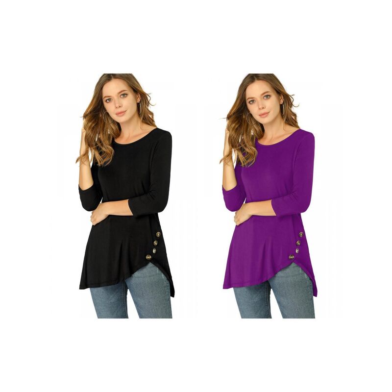 インスパイア 今めかしい レディース トップス プルオーバー 非対称 INSPIRE CHIC 2 Packs Women\u0027s Round Neck 3/4 Sleeve Asymmetric Hem Casual Tunic Topurple Black 黒いこと