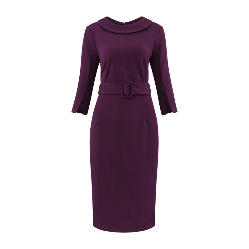 ホンベティ レディース トップス ワンピース ヴィンテージ Hombety Women's Collared Sheath Dress Vintage Half Sleeve Pencil Dress with Belt Purple パープル|ReVida 店