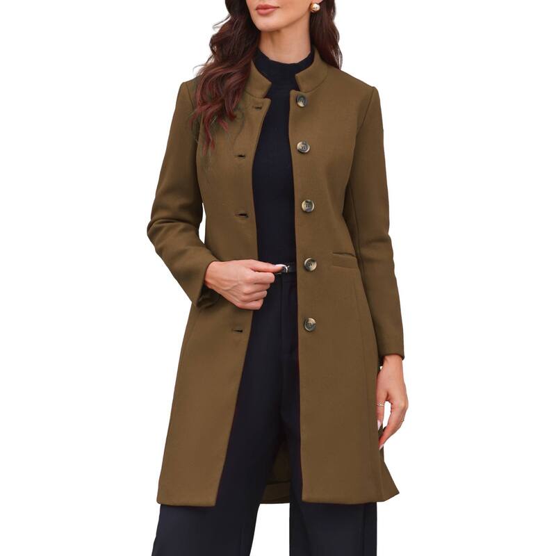 インスパイア シック レディース アウター ジャケット・ブルゾン コート INSPIRE CHIC Stand Collar Coat for Women Winter Single Breasted Mid Long Commuting Wear Overcoat Brown ブラウン｜ReVida 店