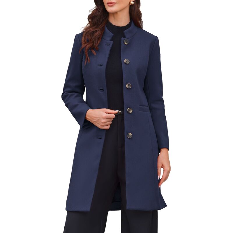 インスパイア シック レディース アウター ジャケット・ブルゾン コート INSPIRE CHIC Stand Collar Coat for Women Winter Single Breasted Mid Long Commuting Wear Overcoat Navy Blue ネイビー｜ReVida 店