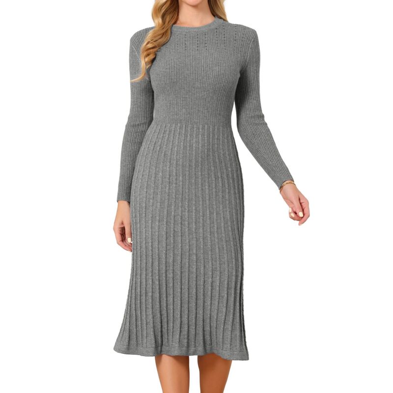 インスパイア シック レディース トップス ワンピース クルーネック A ライン リブ ミディ セーター ニット INSPIRE CHIC Women's Crewneck Sweater Dress Knit Long Sleeve Midi Ribbed A-Line Dress Grey グレー｜ReVida 店