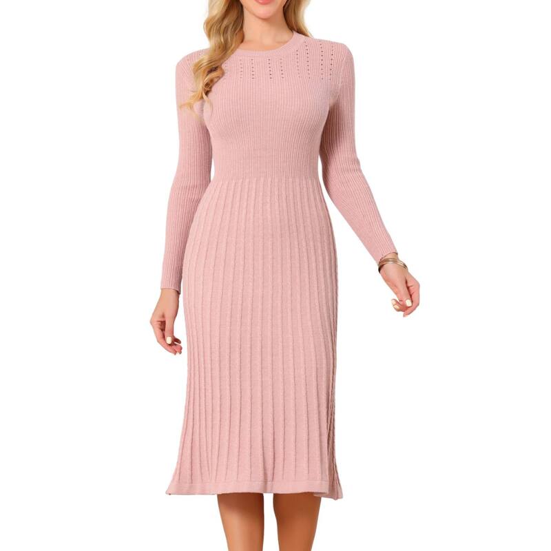 インスパイア シック レディース トップス ワンピース クルーネック A ライン リブ ミディ セーター ニット INSPIRE CHIC Women's Crewneck Sweater Dress Knit Long Sleeve Midi Ribbed A-Line Dress Pink ピンク｜ReVida 店
