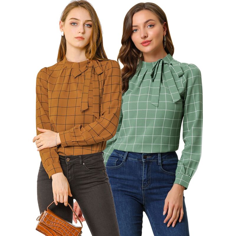 インスパイア 今めかしい レディース トップス プルオーバー トップ INSPIRE CHIC 2 Packs Women\u0027s Bow Tie Neck Grid Checkshirt Office Work Tops Blouses Green Brown 緑であること