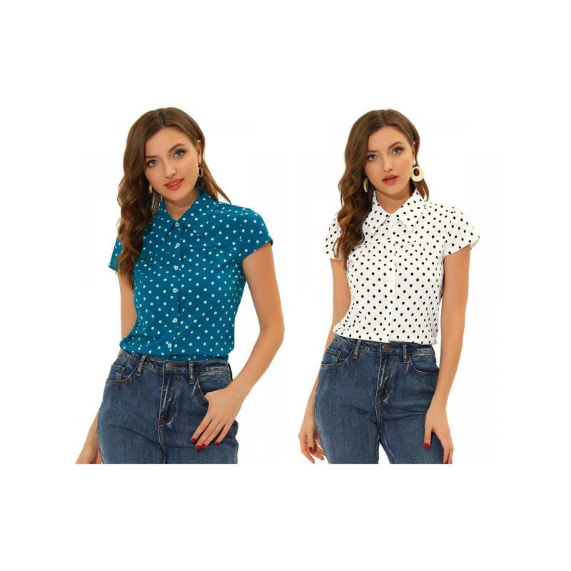 インスパイア 今めかしい レディース トップス プルオーバー ヴィンテージ 点点 INSPIRE CHIC 2 Packs Women\u0027short Sleeve Tops Vintage Polka Dots Button Up Shirt White Lake Blue 白いこと