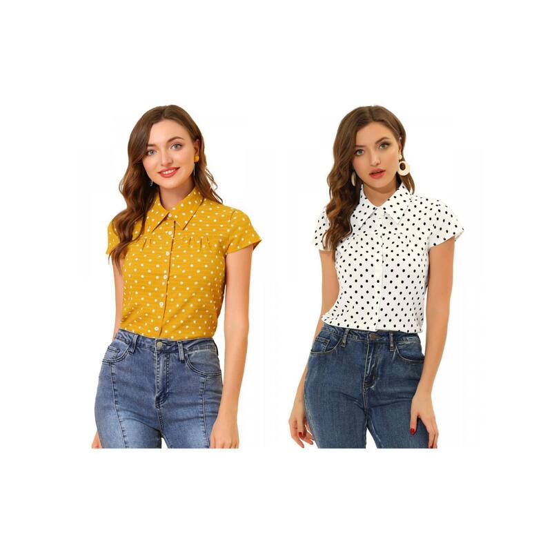インスパイア 今めかしい レディース トップス プルオーバー ヴィンテージ 点点 INSPIRE CHIC 2 Packs Women\u0027short Sleeve Tops Vintage Polka Dots Button Up Shirt White Yellow 白いこと