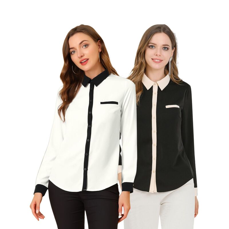 インスパイア 今めかしい レディース トップス プルオーバー 名取り草落ちこむ INSPIRE CHIC 2 Packs Women\u0027s Color Block Button Down Long Sleeve Work Shirt White Black 白いこと