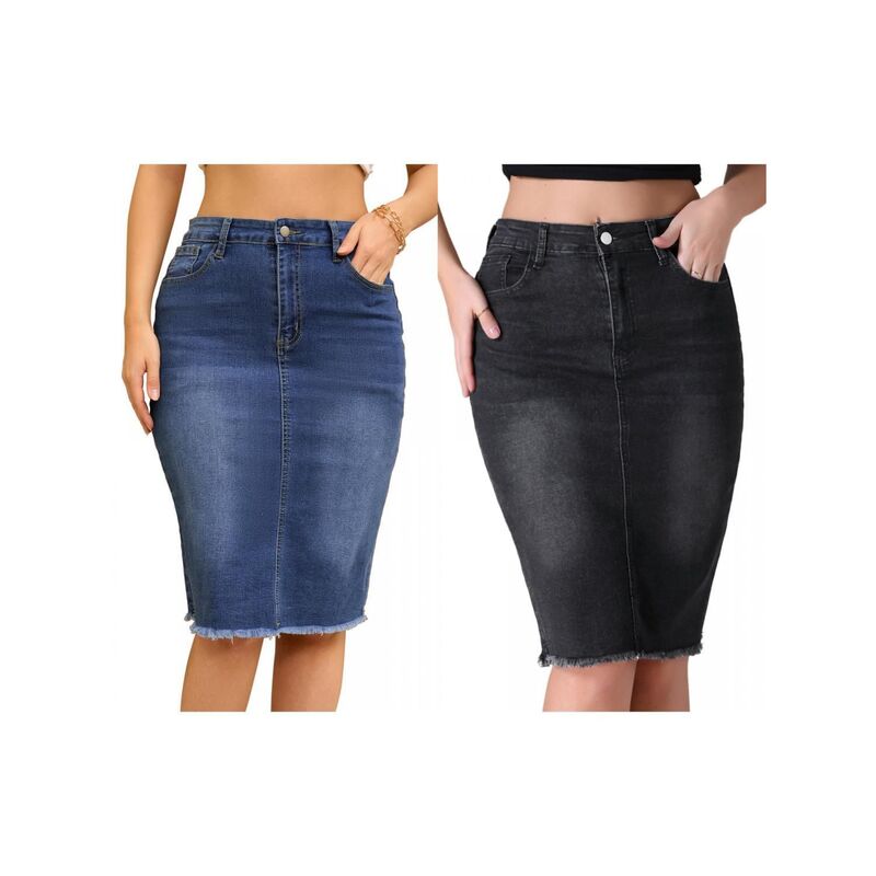 インスパイア 今めかしい レディース 下つ方スコート ひざ丈 ジーンズ INSPIRE CHIC 2 Packs Women\u0027s Denim Skirt Raw Hem High Waisted Pocketstretch Knee Length Jean Skirts Black Blue 黒いこと