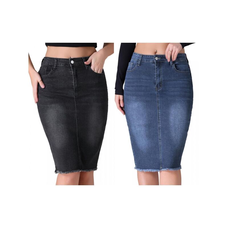 インスパイア 今めかしい レディース 下つ方スコート ひざ丈 ジーンズ INSPIRE CHIC 2 Packs Women\u0027s Denim Skirt Raw Hem High Waisted Pocketstretch Knee Length Jean Skirts Black Dark Blue 黒いこと