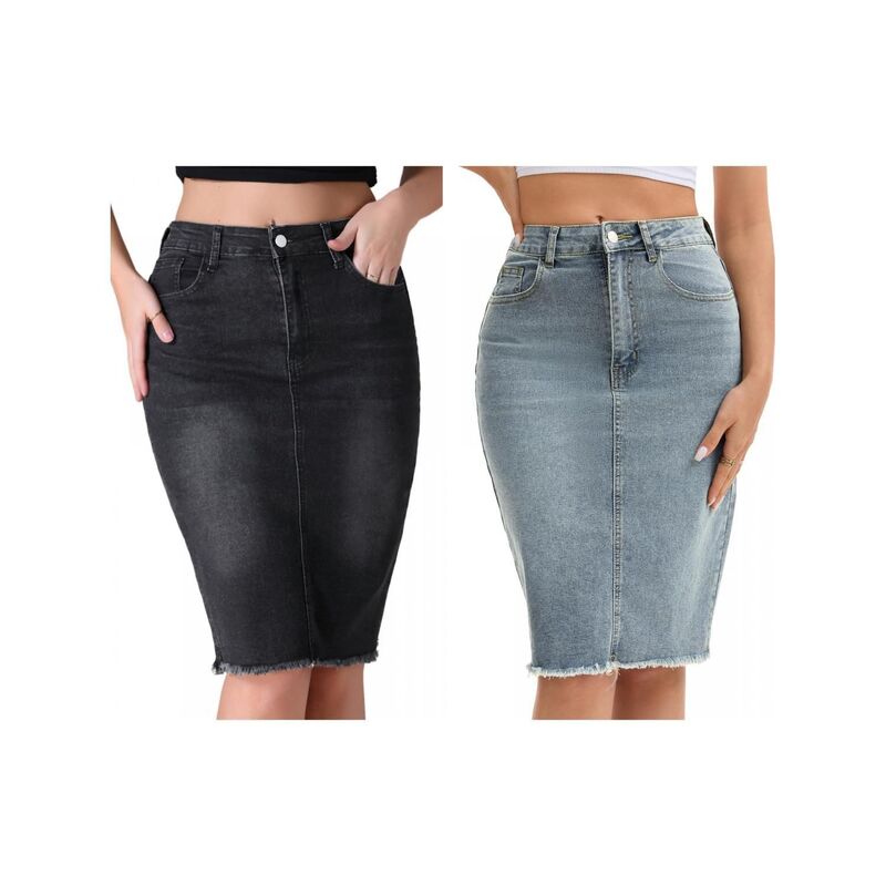 インスパイア 今めかしい レディース 下つ方スコート ひざ丈 ジーンズ INSPIRE CHIC 2 Packs Women\u0027s Denim Skirt Raw Hem High Waisted Pocketstretch Knee Length Jean Skirts Black Gray Blue 黒いこと
