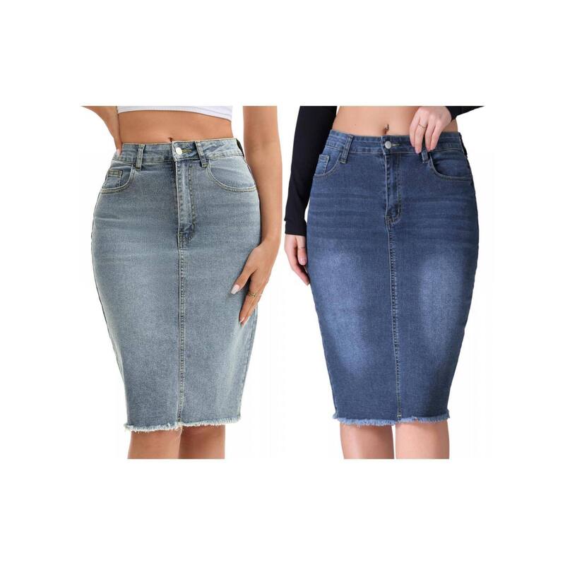 インスパイア 今めかしい レディース 下つ方スコート ひざ丈 ジーンズ INSPIRE CHIC 2 Packs Women\u0027s Denim Skirt Raw Hem High Waisted Pocketstretch Knee Length Jean Skirts Gray Blue Dark Blue 薄墨色