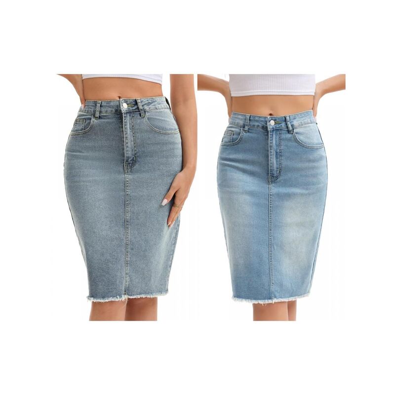 インスパイア 今めかしい レディース 下つ方スコート ひざ丈 ジーンズ INSPIRE CHIC 2 Packs Women\u0027s Denim Skirt Raw Hem High Waisted Pocketstretch Knee Length Jean Skirts Light Blue Gray Blue 薄墨色