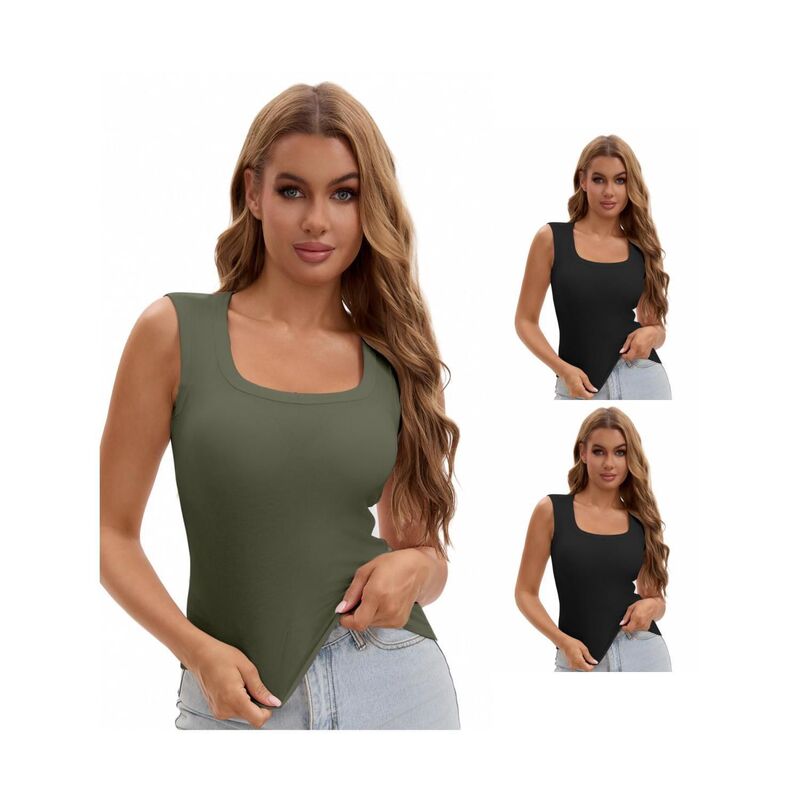 インスパイア 今めかしい レディース トップス プルオーバー 肋材 INSPIRE CHIC 3 Packs Women\u0027s U-Neck Tank with Built-In Bras Ribbed Wide Straps Undershirt Black Dark Green 黒いこと