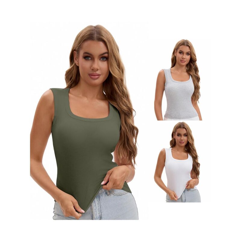 インスパイア 今めかしい レディース トップス プルオーバー 肋材 INSPIRE CHIC 3 Packs Women\u0027s U-Neck Tank with Built-In Bras Ribbed Wide Straps Undershirt White Grey Dark Green 白いこと