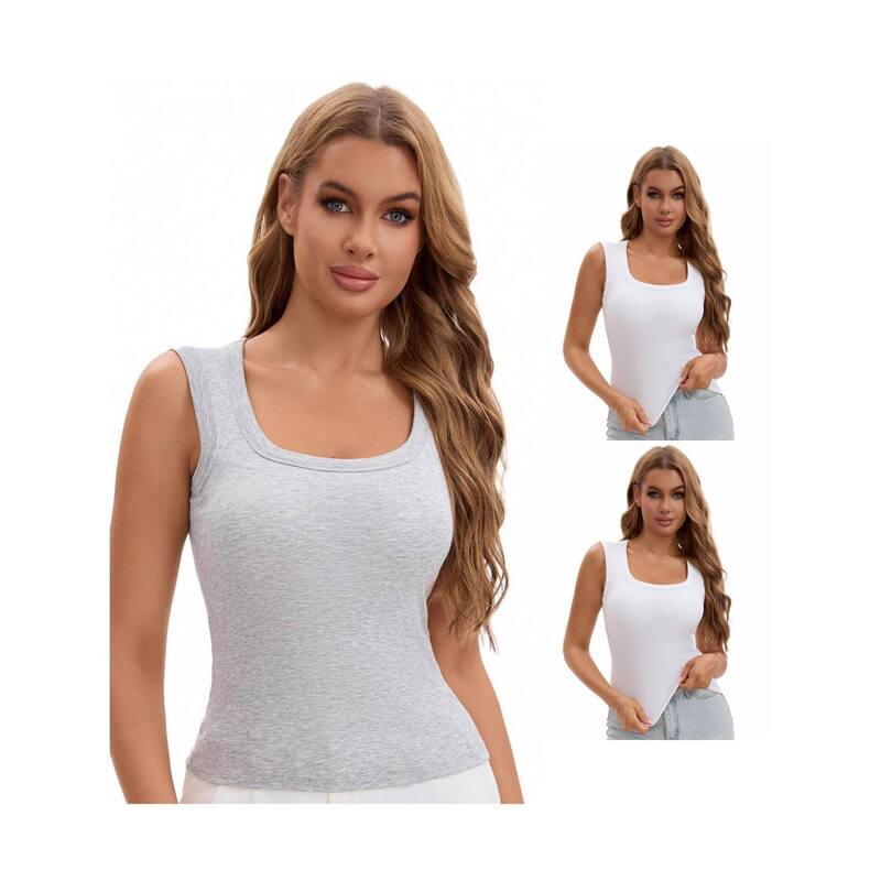 インスパイア 今めかしい レディース トップス プルオーバー 肋材 INSPIRE CHIC 3 Packs Women\u0027s U-Neck Tank with Built-In Bras Ribbed Wide Straps Undershirt White Light Grey 白いこと