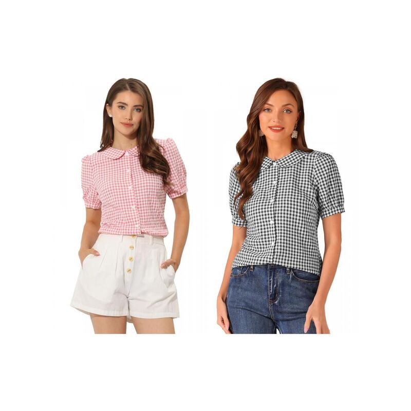 インスパイア 今めかしい レディース トップス プルオーバー 名取り草落ちこむ INSPIRE CHIC 2 Packs Women\u0027s Plaid Button Down Puffy Short Sleeve Peter Pan Collar Shirt Black Pink 黒いこと