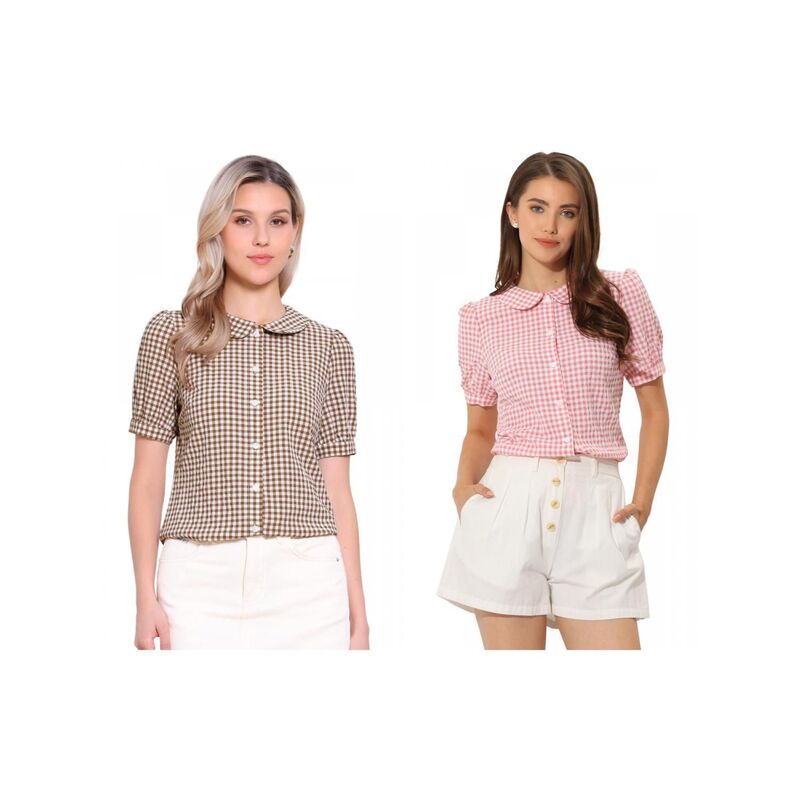 インスパイア 今めかしい レディース トップス プルオーバー 名取り草落ちこむ INSPIRE CHIC 2 Packs Women\u0027s Plaid Button Down Puffy Short Sleeve Peter Pan Collar Shirt Dark Brown Pink サクラ色