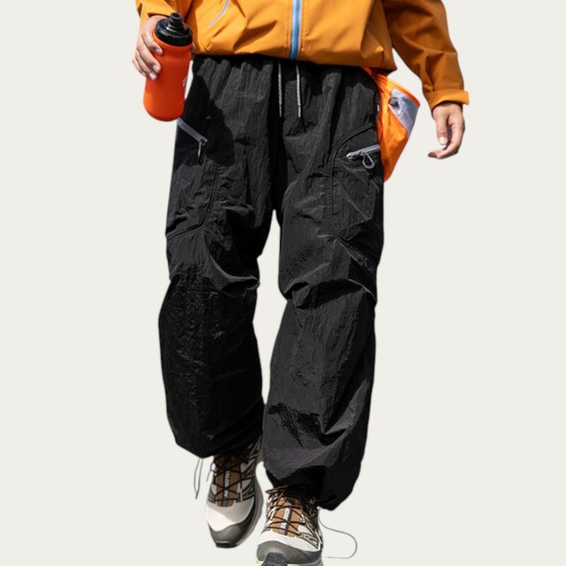 アンナカシ レディース ボトムス カジュアルパンツ ワイドレッグ カーゴパンツ ドローコードウエスト Anna-Kaci Men's Textured Wide Leg Cargo Pants with Zipper Pockets and Adjustable Drawstring Waist Black ブラック｜ReVida 店