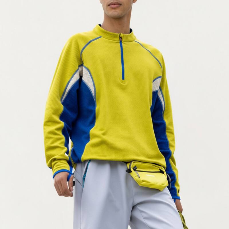 アンナカシ レディース トップス Tシャツ ハーフジップ コントラスト Anna-Kaci Men's Long Sleeve Half Zipullover Top with Color Block Panels and Contrast Seam Detailing Yellow イエロー｜ReVida 店