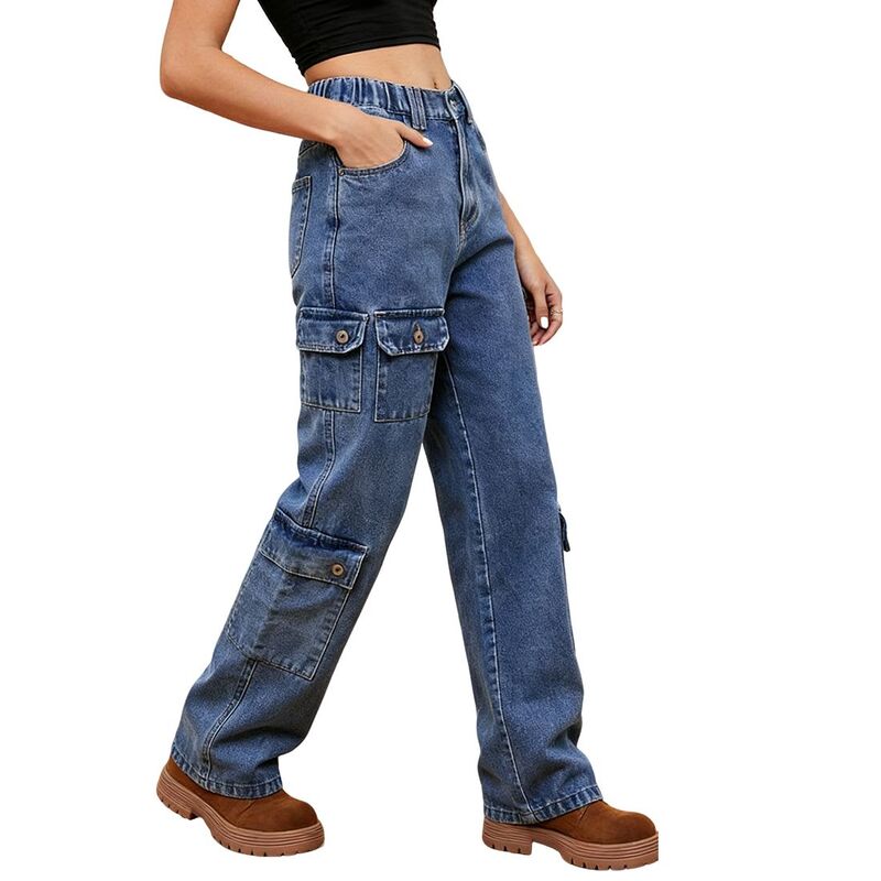クリアフラワー レディース ボトムス デニムパンツ リラックスフィット ジーンズ ClearFlower Womens Cargo Jeans Elastic Waist Pockets Relaxed Fit Denim Casualong Pants Blue ブルー|ReVida 店
