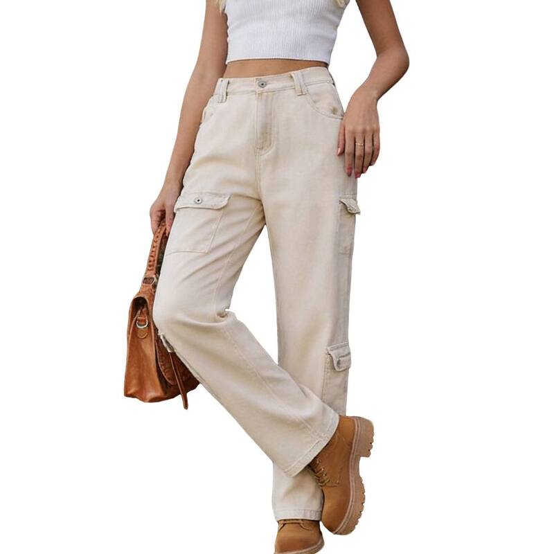 クリアフラワー レディース ボトムス デニムパンツ リラックスフィット ジーンズ ClearFlower Womens Cargo Jeans Elastic Waist Pockets Relaxed Fit Denim Casualong Pants Khaki カーキ|ReVida 店