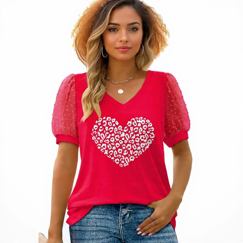 メガリテイラー レディース トップス プルオーバー Vのど首 MegaRetailer Loose Casual V-Neck Puff Sleeve T-Shirt for Women The Leopard Heart 毛の荒物