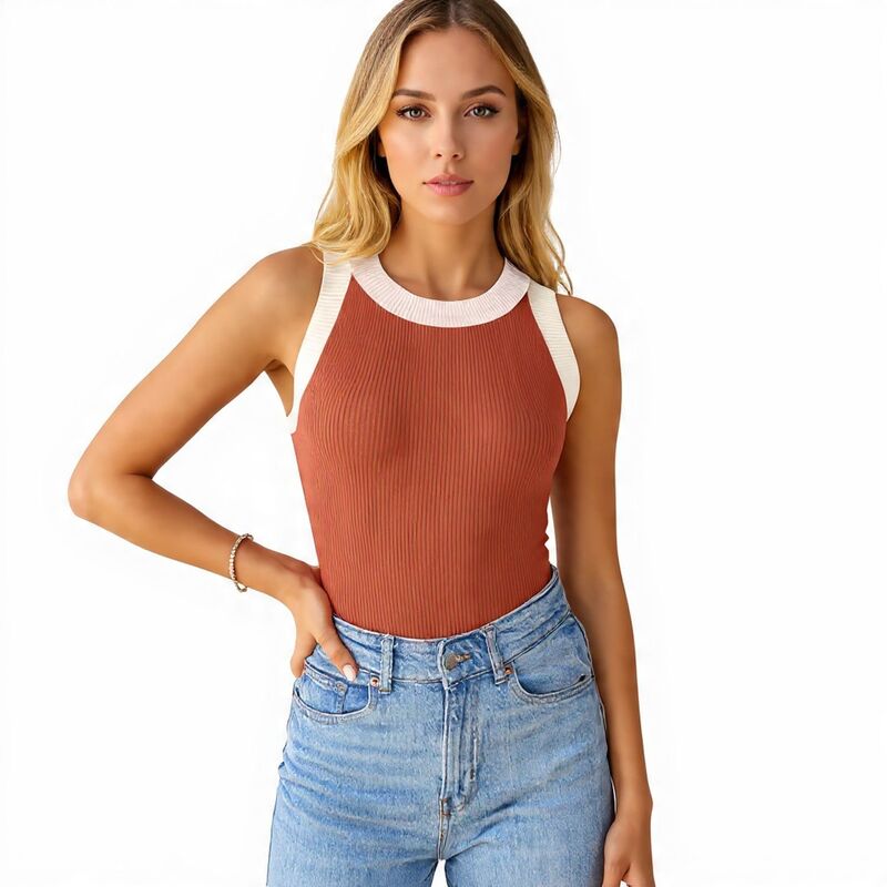 メガリテイラー レディース トップス プルオーバー か細い填まる ノースリーブ MegaRetailer Slim Fit Sleeveless Color Block Tank Top Coral コーラル