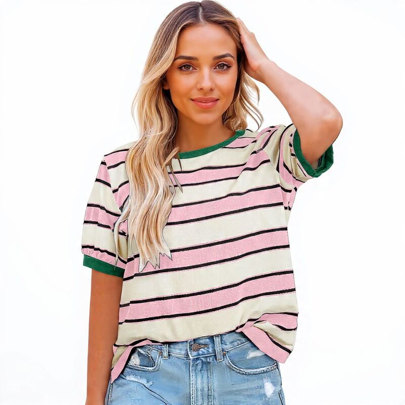 メガリテイラー レディース トップス プルオーバー 労働者の一団のど首 MegaRetailer Women\u0027s Casual Crewneck Striped T-Shirt Pink White 白いこと