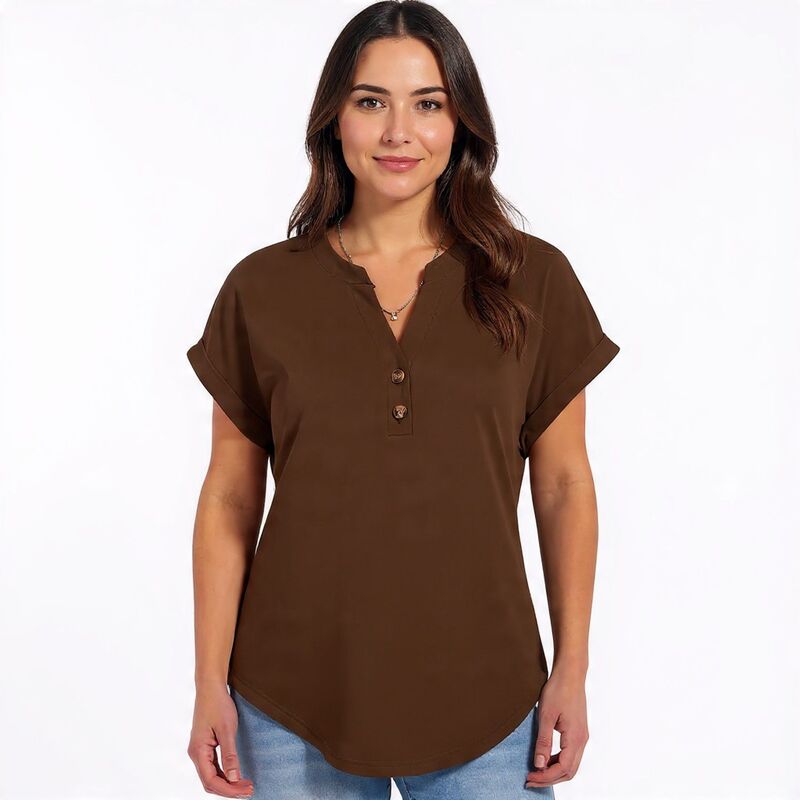 メガリテイラー レディース トップス プルオーバー Vのど首 MegaRetailer Summer Henley V-Neck Top for Women Coffee 珈琲