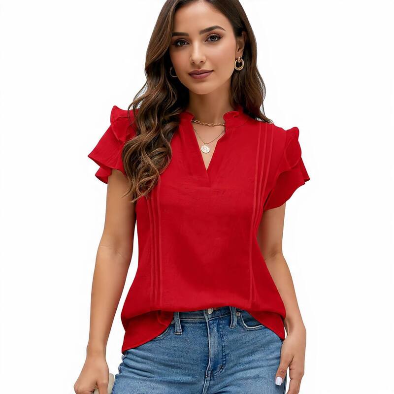 メガリテイラー レディース トップス プルオーバー Vのど首 フラウンス MegaRetailer Casual Ruffle Sleeve V-Neck Shirt for Work Red 赤いこと