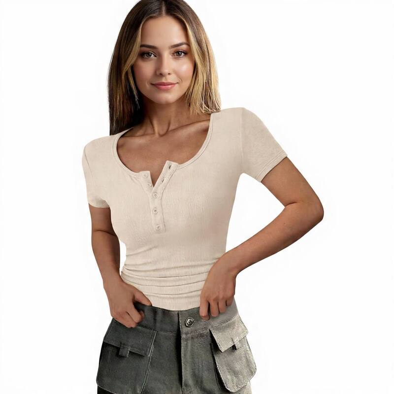 メガリテイラー レディース トップス プルオーバー か細い填まる 肋材 MegaRetailer Women\u0027slim Fit Casual Ribbed T-Shirt Beige ベージュ