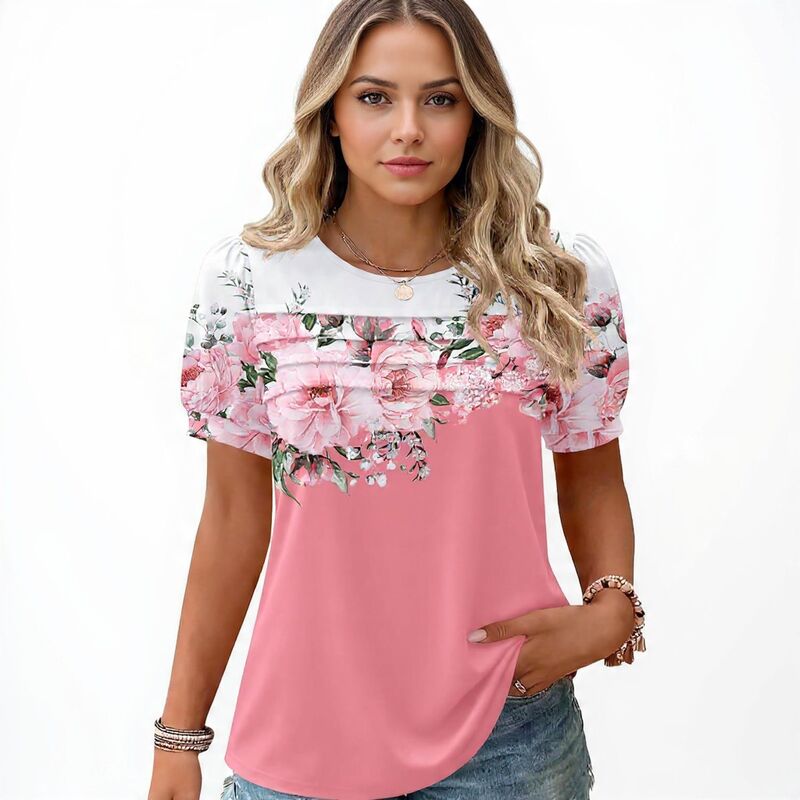 メガリテイラー レディース トップス プルオーバー 御花柄 トップ 御花 MegaRetailer Women\u0027s Puff Sleeve Floral Tunic Blouse Pink White 白いこと