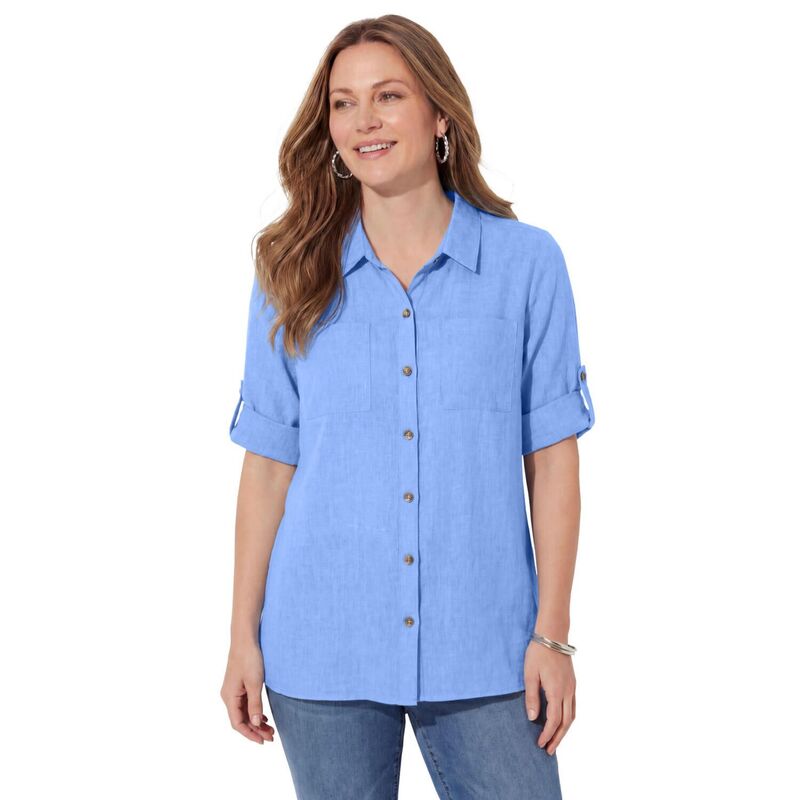 キャサリンズ レディース トップス プルオーバー 足し加える大きさ リネン Catherines Women\u0027s Plusize Linen Blend Roll-Cuff Camp Shirt Stone Blue 青色