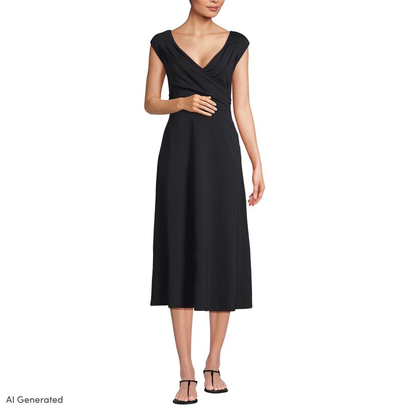 ランズエンド レディース トップス ワンピース ミディ Women's Lands' End Off-The-Shoulder Wrap Midi Dress Black ブラック｜ReVida 店