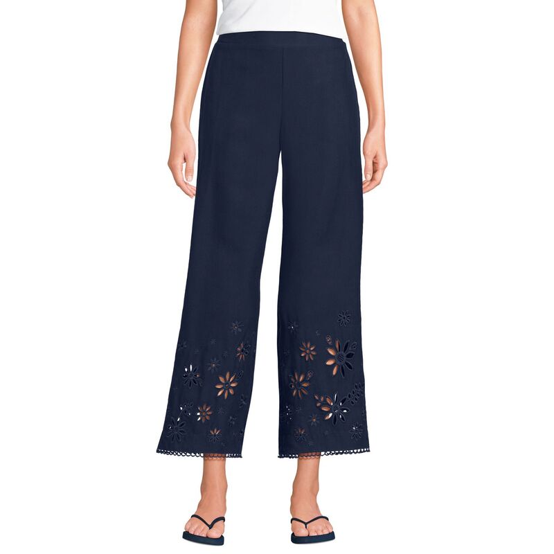 ランズエンド レディース ボトムス カジュアルパンツ 刺繍 リネン Women's Lands' End Linen Embroidered Pants Navy ネイビー｜ReVida 店
