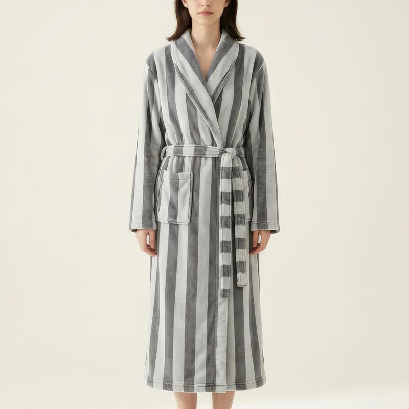 アンナカシ レディース アンダー御召しもの ナイト爵御召しもの つけ加える大きさ Anna-Kaci Women\u0027striped Plush Long Robe with Shawl Collar Tie Waist Belt Softextured Fullength Bathrobe Gray 薄墨色
