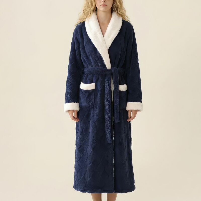 アンナカシ レディース アンダー御召しもの ナイト爵御召しもの つけ加える大きさ 対照 Anna-Kaci Women\u0027s Plush Long Robe with Contrastrim Shawl Collar Tie Waist Belt Softextured Warm Navy 米国海軍