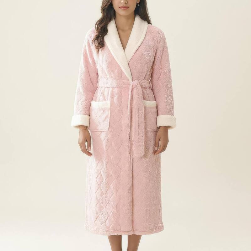 アンナカシ レディース アンダー御召しもの ナイト爵御召しもの つけ加える大きさ 対照 Anna-Kaci Women\u0027s Plush Long Robe with Contrastrim Shawl Collar Tie Waist Belt Softextured Warm Pink サクラ色